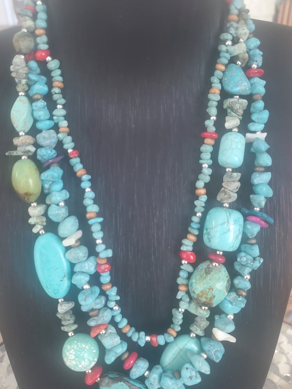 Southwest Multi-Strand Turquoise Bead Necklace - 20" Sterling Clasp